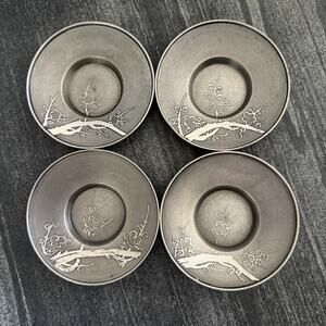 Vintage Japanese Pewter Chataku Tea Saucers Set of 4 Showa Era Plum Blossom